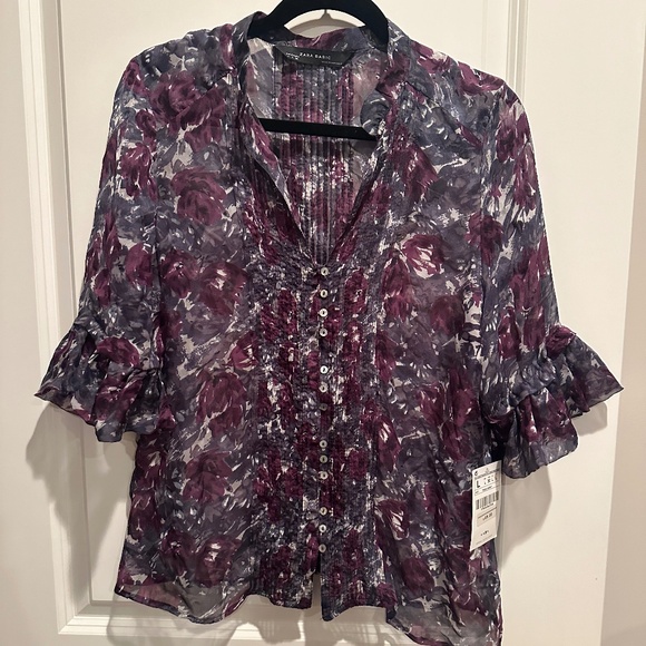 Zara sheer floral blouse in purples and white floral print (NWT) - Picture 1 of 4